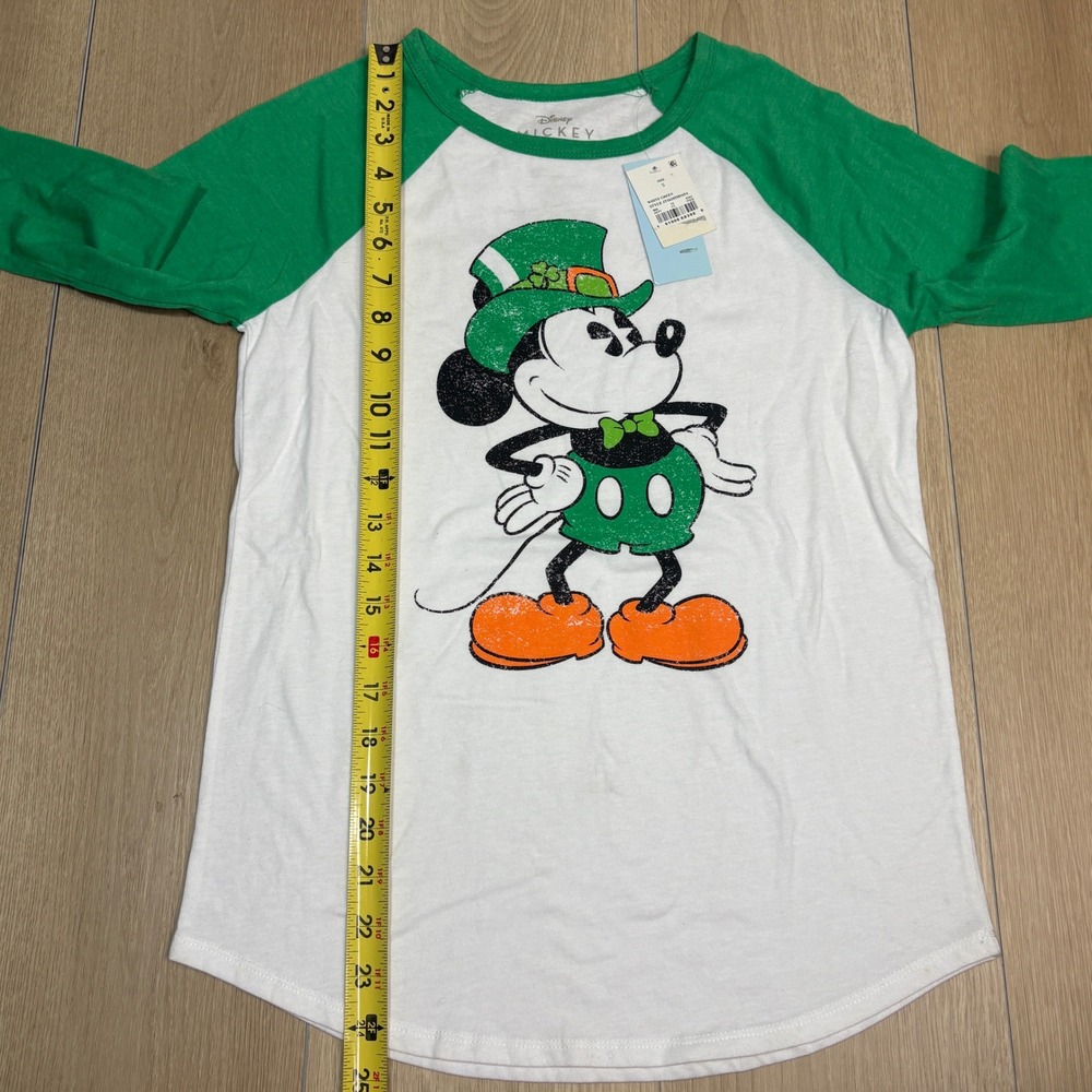 NWT Disney Mickey Mouse St Patricks Day Raglan Shirt Green White Small - Picture 6 of 6